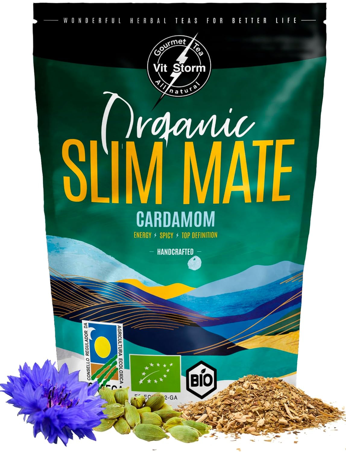 VITSTORM® Slim Tea Kardamom – BIO čaj Yerba Mate – Detoxikační a diuretický čaj – 100G