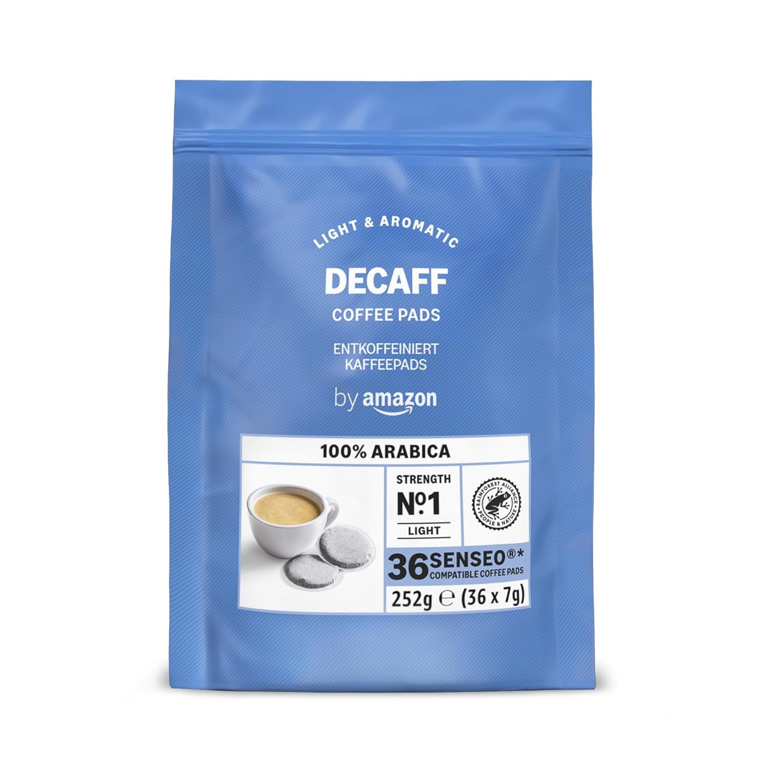 od Amazon Entkoffeinierte 100% Arabica-Kaffeepads, geeignet für Senseo-Maschinen, medium Röstung, 36 Stück (1 Packung mit 36 ​​​​Stück) – Rainforest Alliance-zertifiziert