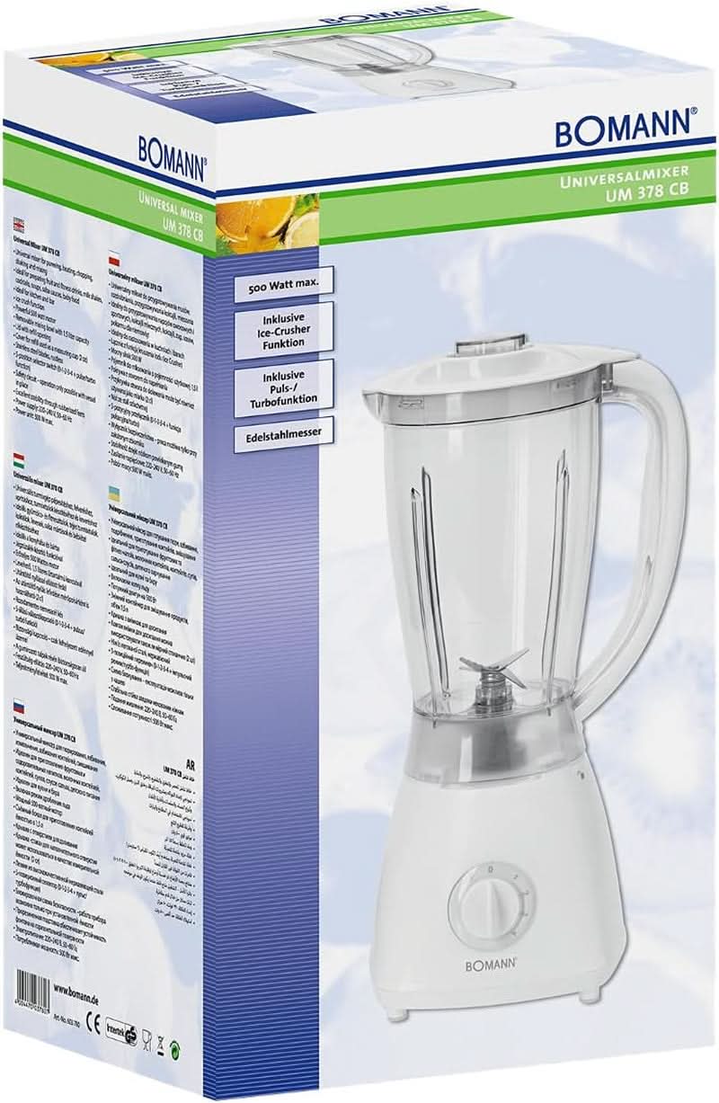 Bomann 378 CB Universalmixer Zum Pürieren, Schlagen, Zerkleinern, Shaken Und Mixen, Ice Crush-Funktion, Kraftvoller 500 Watt-Motor, Abnehmbarer Mixbehälter Mit 1,5 l, Edelstahlmesser, Weiß, UM 378 CB Kitchen Naty Shop