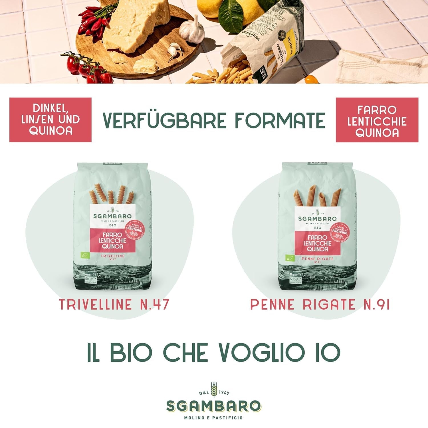 Bio těstoviny Trivelline N.47 - 500g se špaldovou moukou, čočkovou moukou a quinoa moukou - Bohaté na bílkoviny, zdroj vlákniny a bílkovin