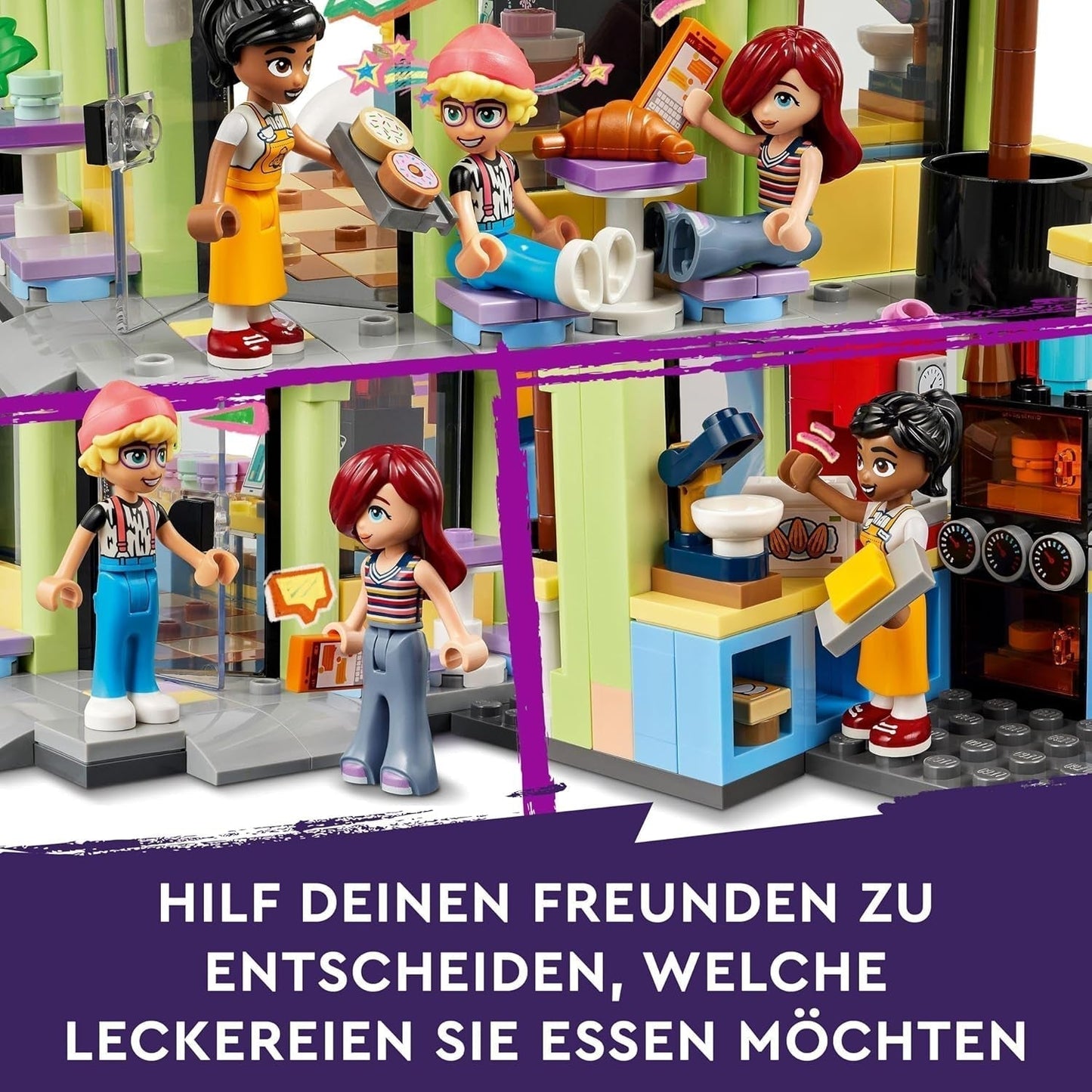 LEGO Friends kavárna v městečku Heartlake, dětská hračka, pekárna hraček, tip na dárek pro dívky a chlapce 6+, sada 3 hracích figurek a figurky psa 42618 Stavebnice Besuche den LEGO-Store
