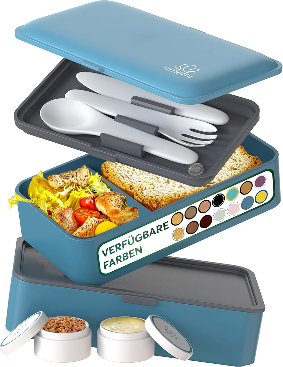 Box na oběd Umami pro dospělé, stohovací Bento box se 4 příbory a přihrádkami, box na oběd pro dospělé, nádoba na salát s sebou, piknikový / kancelářský box na oběd, uhlově šedá, 1500 ml boxy na skladování potravin Naty Shop Denim Blue L - 1200 ml