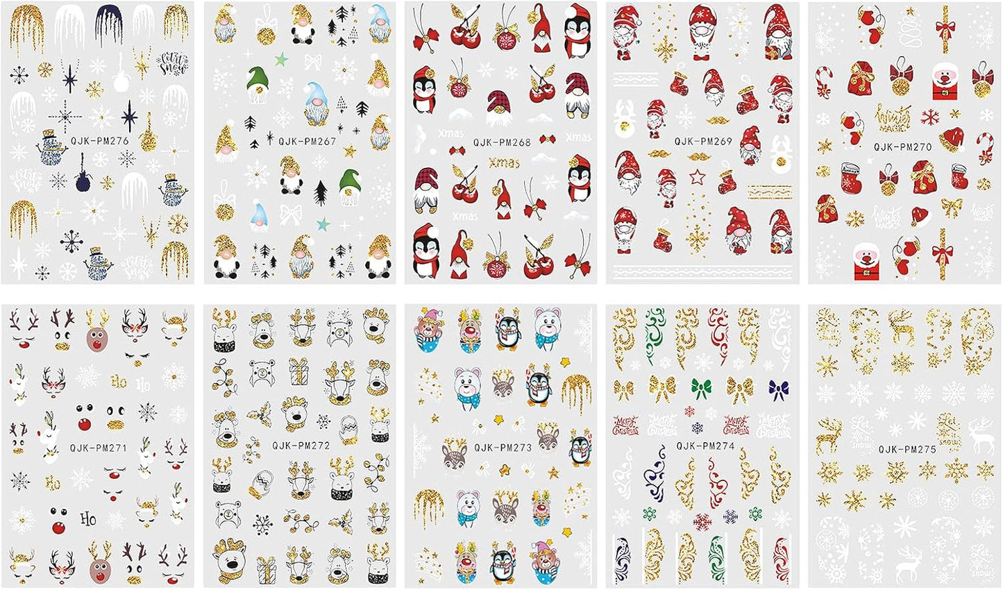 JMEOWIO Nálepka na nehty Weihnachten 10 Blatt Nálepka na nehty Selbstklebend Nagelaufkleber Glitter Schneeflocke Xmas Winter Urlaub Zlatá dekorace Nageldesign Zubehör
