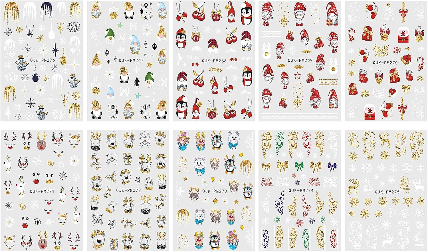 JMEOWIO Nálepka na nehty Weihnachten 10 Blatt Nálepka na nehty Selbstklebend Nagelaufkleber Glitter Schneeflocke Xmas Winter Urlaub Zlatá dekorace Nageldesign Zubehör