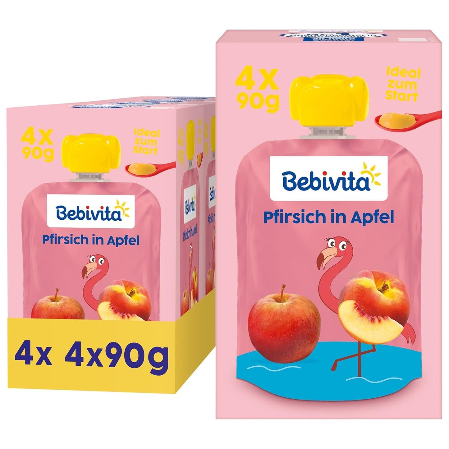 Sáčky s broskvovými jablky – 16 balení (4 balení, každé 4 x 90 g), bez přidaného cukru, bez lepku, veganské, ideální pro děti od 5 měsíců, ideální s sebou