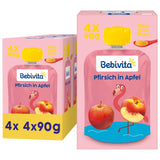 Sáčky s broskvovými jablky – 16 balení (4 balení, každé 4 x 90 g), bez přidaného cukru, bez lepku, veganské, ideální pro děti od 5 měsíců, ideální s sebou