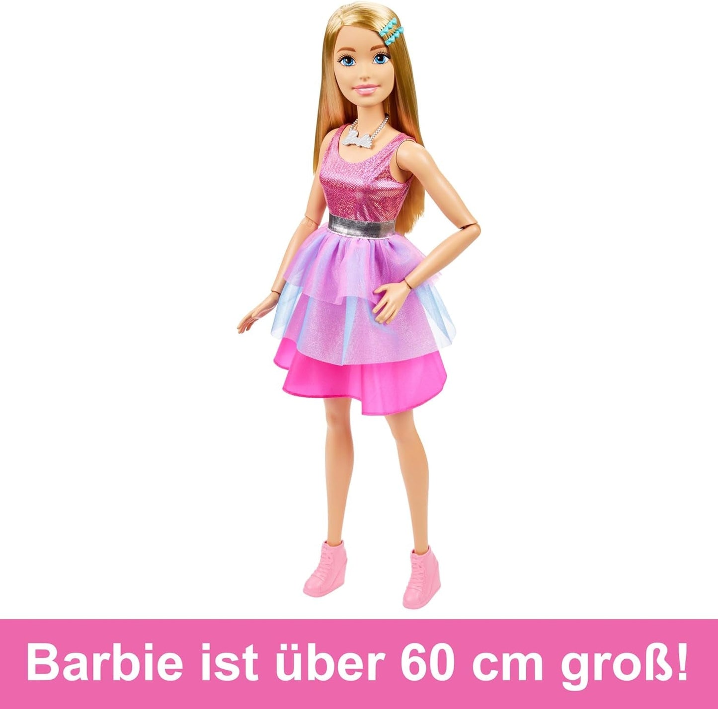 Panenka Barbie Extra velká (71 cm) – růžové šaty, blond vlasy se sponou a náhrdelníkem, dárek pro 3 roky a více, HJY02