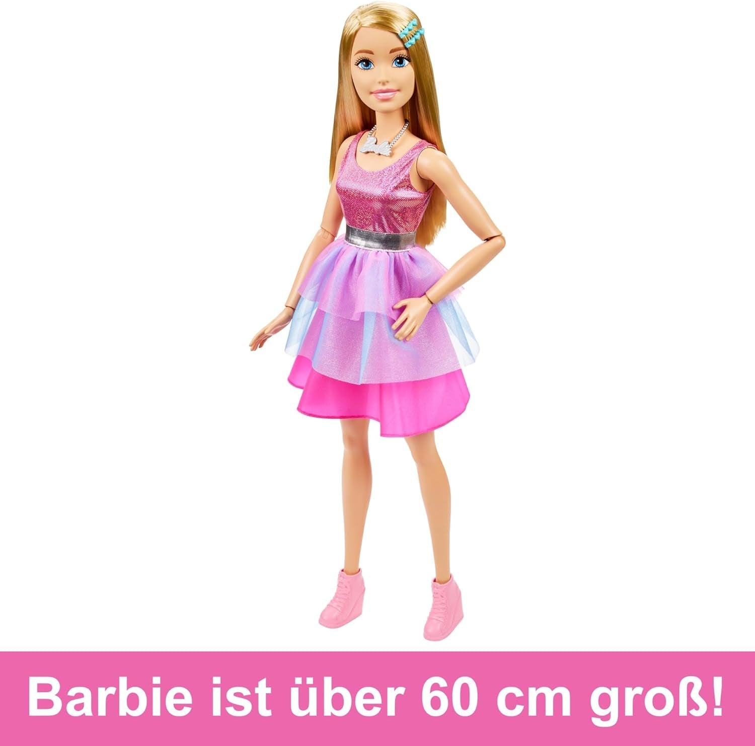 Panenka Barbie Extra velká (71 cm) – růžové šaty, blond vlasy se sponou a náhrdelníkem, dárek pro 3 roky a více, HJY02