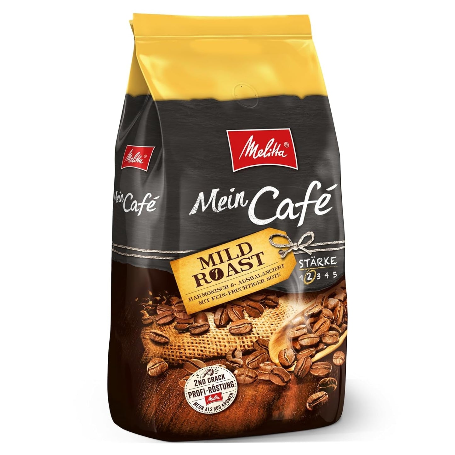 Melitta Mein Café Jemná pečeně, celá Kaffee-Bohnen 1kg, ungemahlen, Kaffeebohnen für Kaffee-Vollautomat, jemná Röstung, Stärke 3
