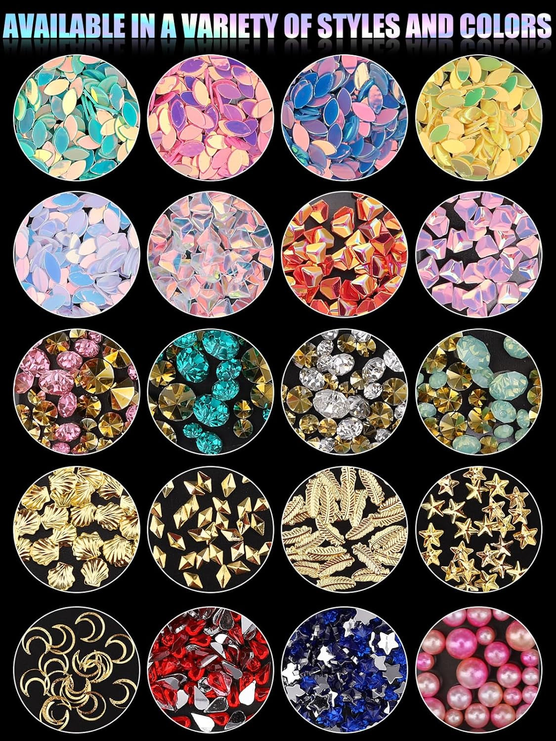EBANKU Nail Art Strass Kit Multi Design Zubehör Mit 1 Pinzetten 1 Stück Wachsstifte Deko Diamanten Kristalle Perlen Edelsteine ​​​​Bunt Pferdeaugen Strass Metall Nieten Für Nagel DIY (1 kus (10Er Pack))