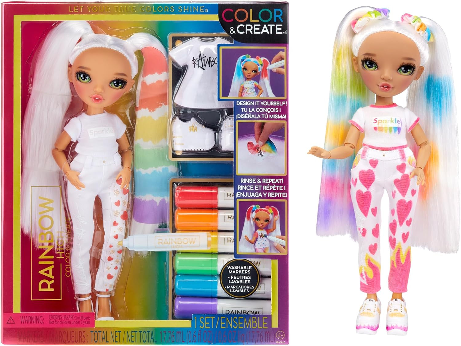 Rainbow High Color & Create DIY Modepuppe - Grüne Augen, Zopfe, extra Top & Schuhe, abwaschbare Regenbogenstifte - Ausmalen, Gestalten, Spielen, Auswaschen - für Kinder von 4-12 Jahren und Sammler