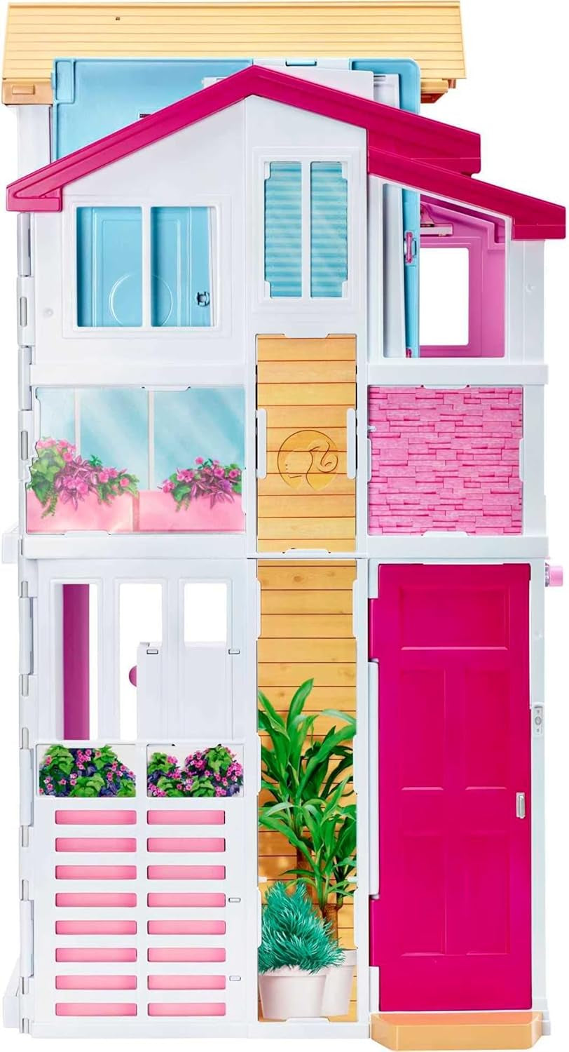 Barbie Dream House, 3patrový 5pokojový městský dům, zahrnuje doplňky jako nábytek, skládací a úložný prostor, hračka pro děti od 3 let, DLY32