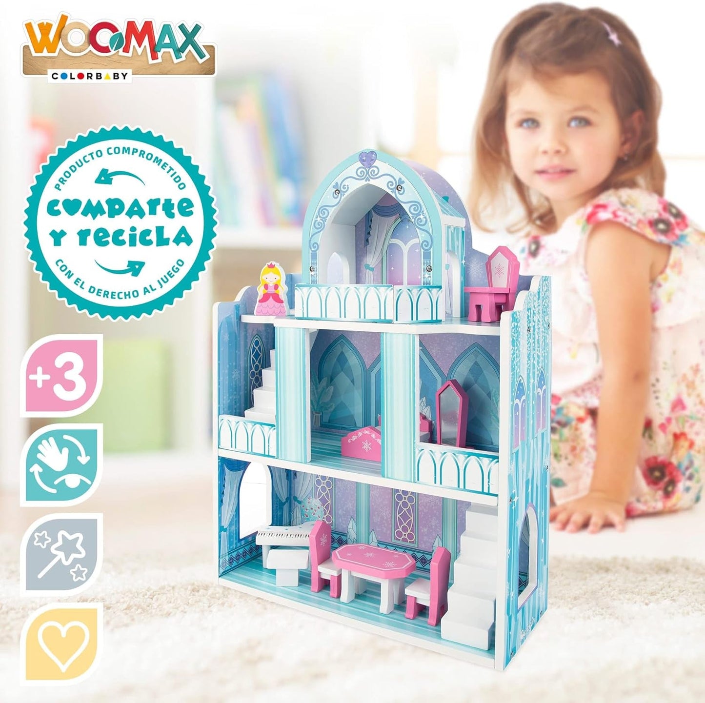 Dřevěný domeček pro panenky, dřevěné zámky pro princezny, domečky pro panenky, 3 patra, zámky pro princezny, 9 dřevěných dílků, 37x15x53,5 cm, dřevěná hračka, věk 3+
