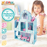 Dřevěný domeček pro panenky, dřevěné zámky pro princezny, domečky pro panenky, 3 patra, zámky pro princezny, 9 dřevěných dílků, 37x15x53,5 cm, dřevěná hračka, věk 3+