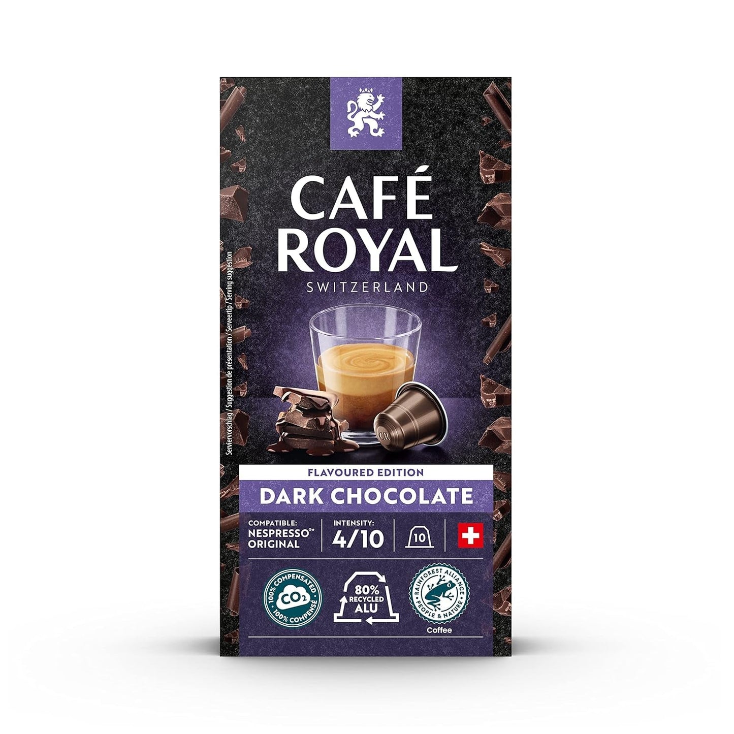 Café Royal s příchutí hořké čokolády 100 kapes pro Nespresso kávovar na kávu - 4/10 Intenzita - UTZ-zertifiziert, aus Aluminium & Lungo 36 Kapseln für Nespresso Kaffee Maschine - 4/10 Intenzita