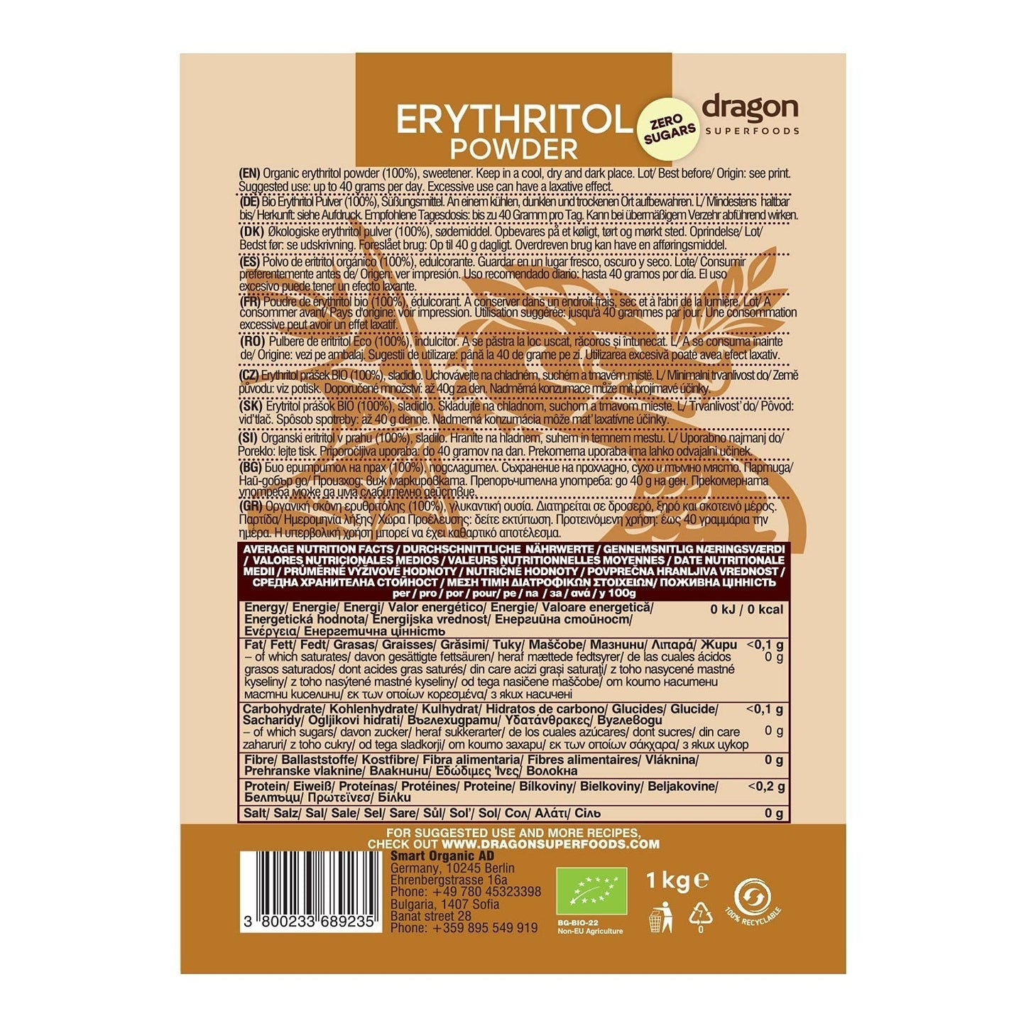 Bio Erythrit - Prášek, 100% Bio, Vegan, Null Kalorien - 1 kg sladidel Naty Shop
