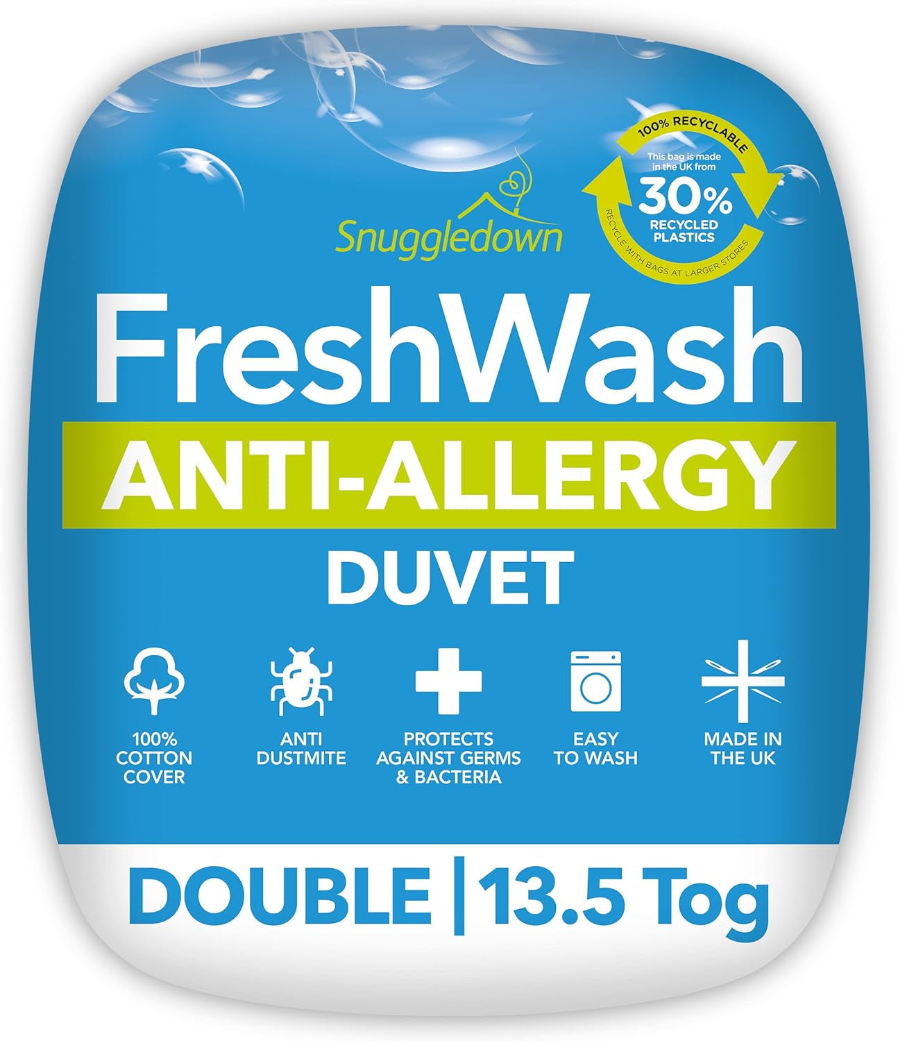 Přikrývka pro alergiky Snuggledown Freshwash, 13,5 Tog Winter Teplá, bavlna, bílá, jednolůžko Přikrývky a přikrývky Naty Shop 10 X 200 X 200 Cm 13,5 Tog