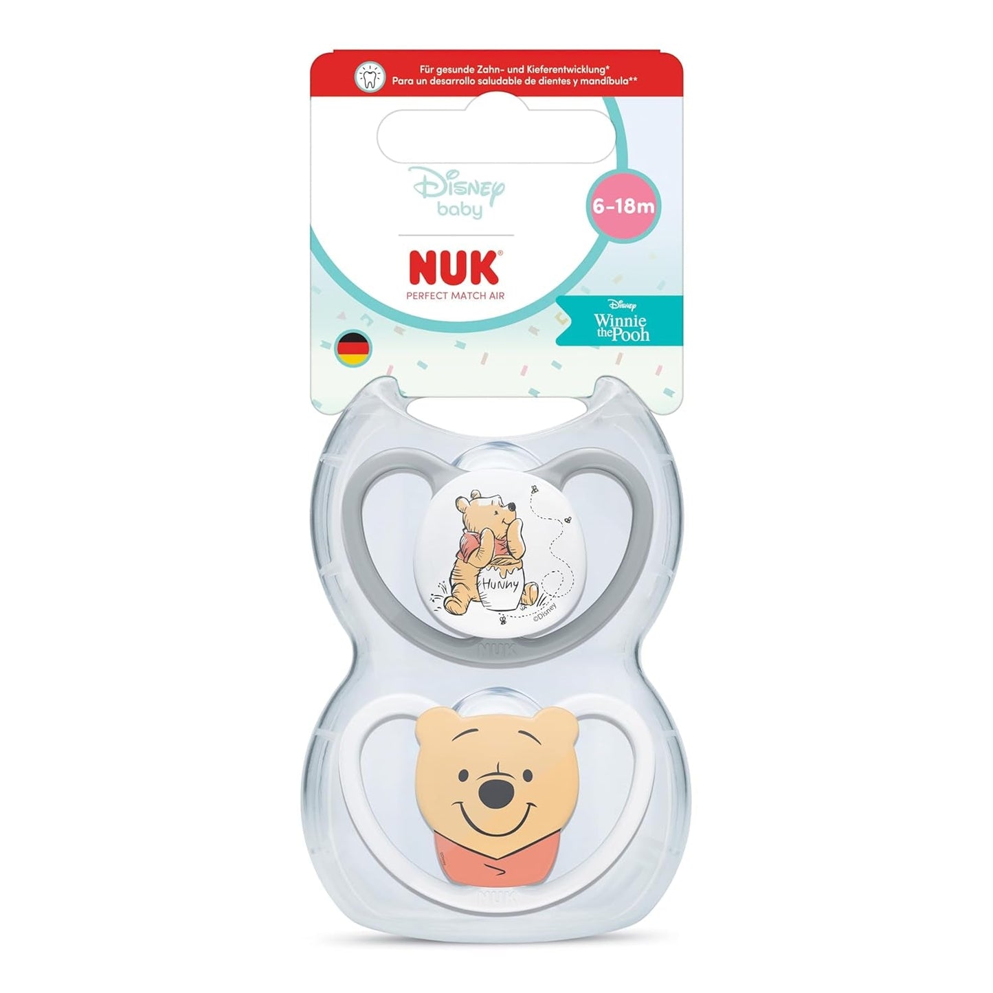 Dudlíky NUK Perfect Match pro miminka | 6-18 měsíců | Ortodontické dudlíky, které podporují cirkulaci vzduchu a zabraňují vyrážkám způsobeným slinami | 95% přijetí miminky** | Disney Medvídek Pú | Balení 2