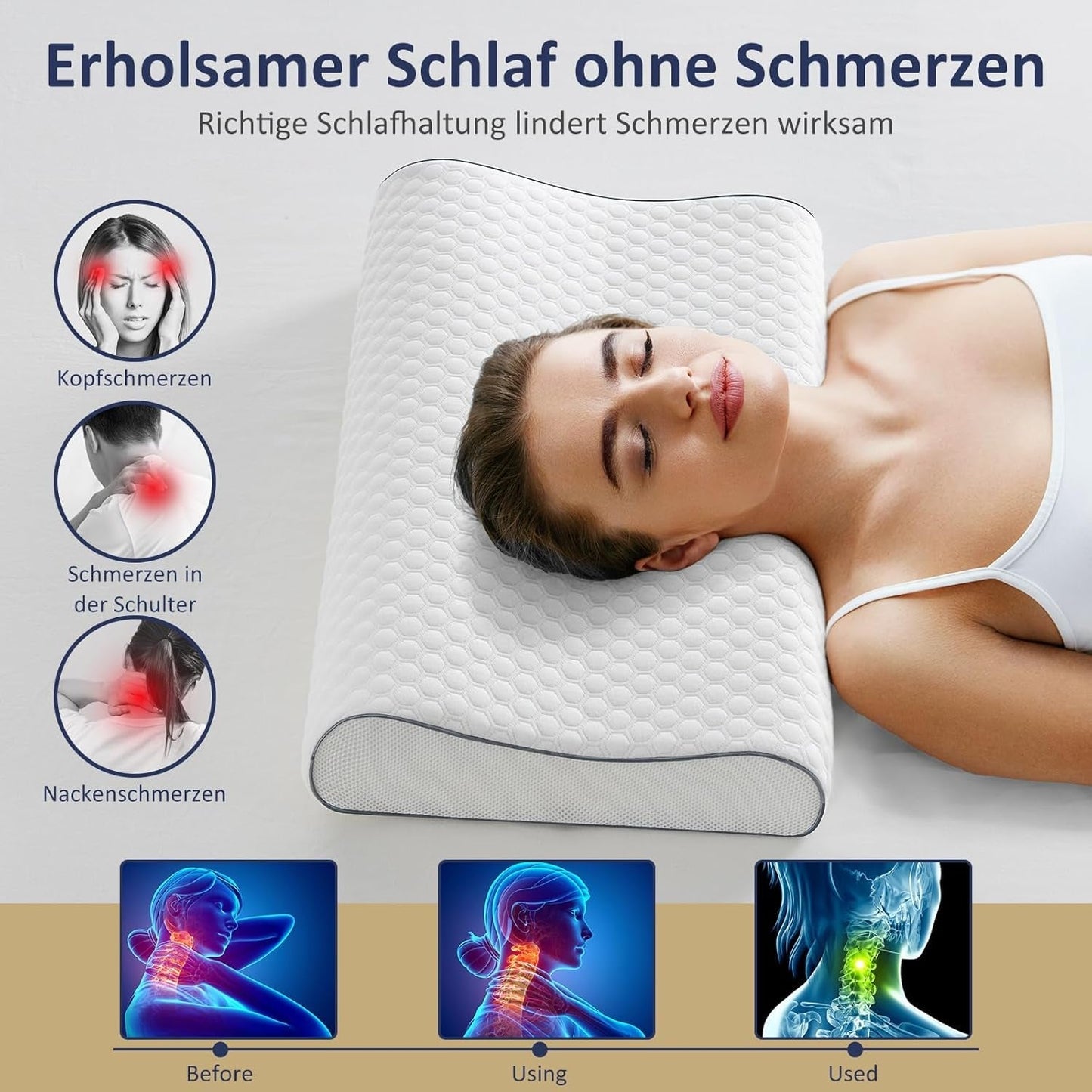 BedStory polštář z paměťové pěny, výškově nastavitelný polštář na podporu krku, ergonomický polštář, boční polštář na spaní pro záda a žaludek (60x36x12/10cm)