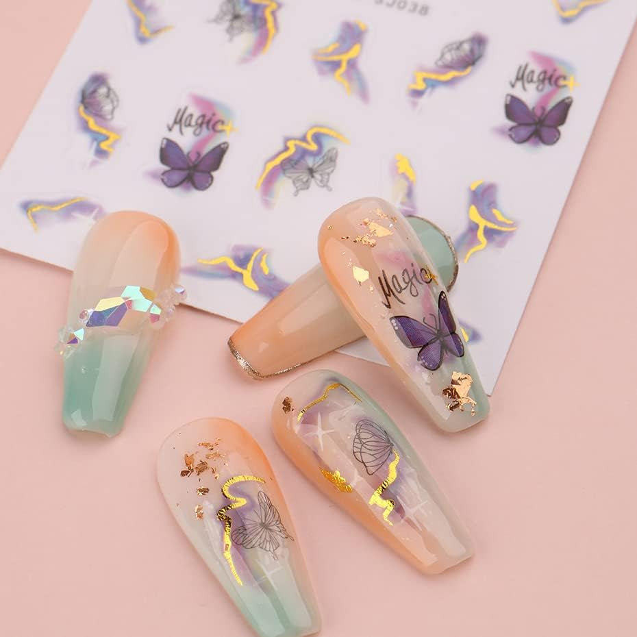 6 Blatt 3D Lila Schmetterling Samolepky na nehty Selbtklebend Nagelaufkleber Schmetterlinge Samolepky na nehty Bunte Blühen Marmor Nagel Stickers Regenbogen Welle Linien Nail Art Aufkleber Nageldesign Zubehör