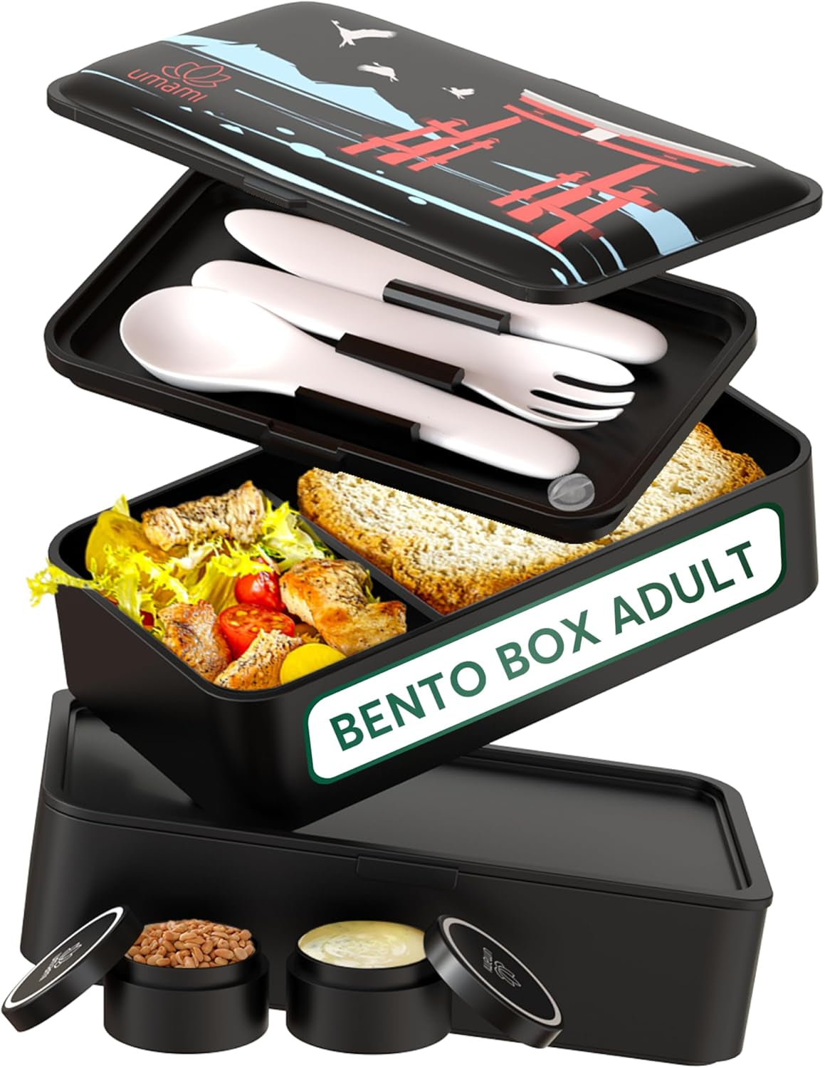 Box na oběd Umami pro dospělé, 4 netěsné, stohovatelné boxy na příbory a přihrádky, box na oběd pro dospělé, zásobník na saláty, piknikový / kancelářský box na oběd, uhlově šedá, 1500 ml Naty Shop Black Pp boxy na skladování potravin - Torii Special Edition L - 1200 Ml