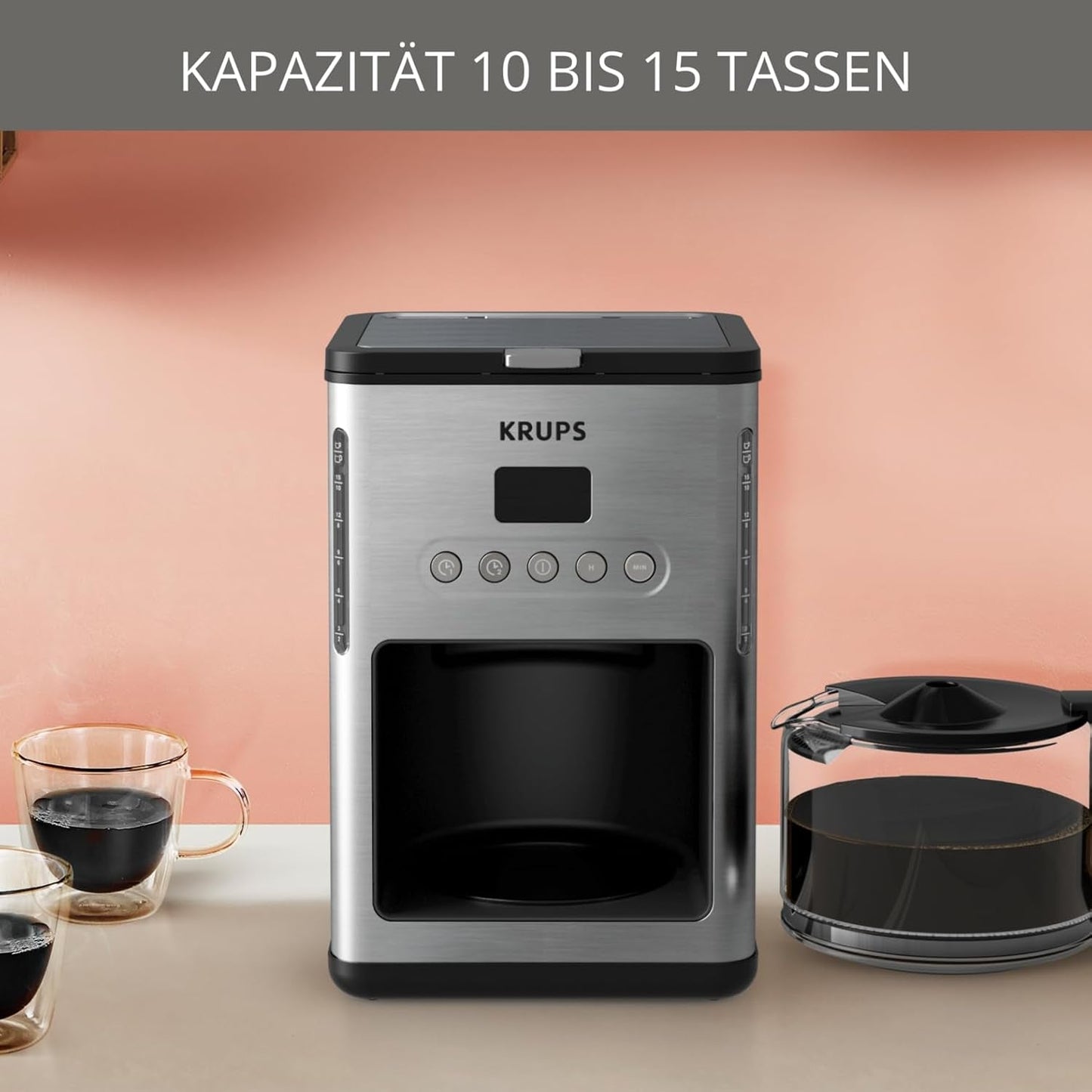 Kávovar na espresso s filtrem Krups KM442D Premium | 10-15 šálků | 1000 wattů | programovatelný | funkce udržování teploty | nerezová ocel | černý