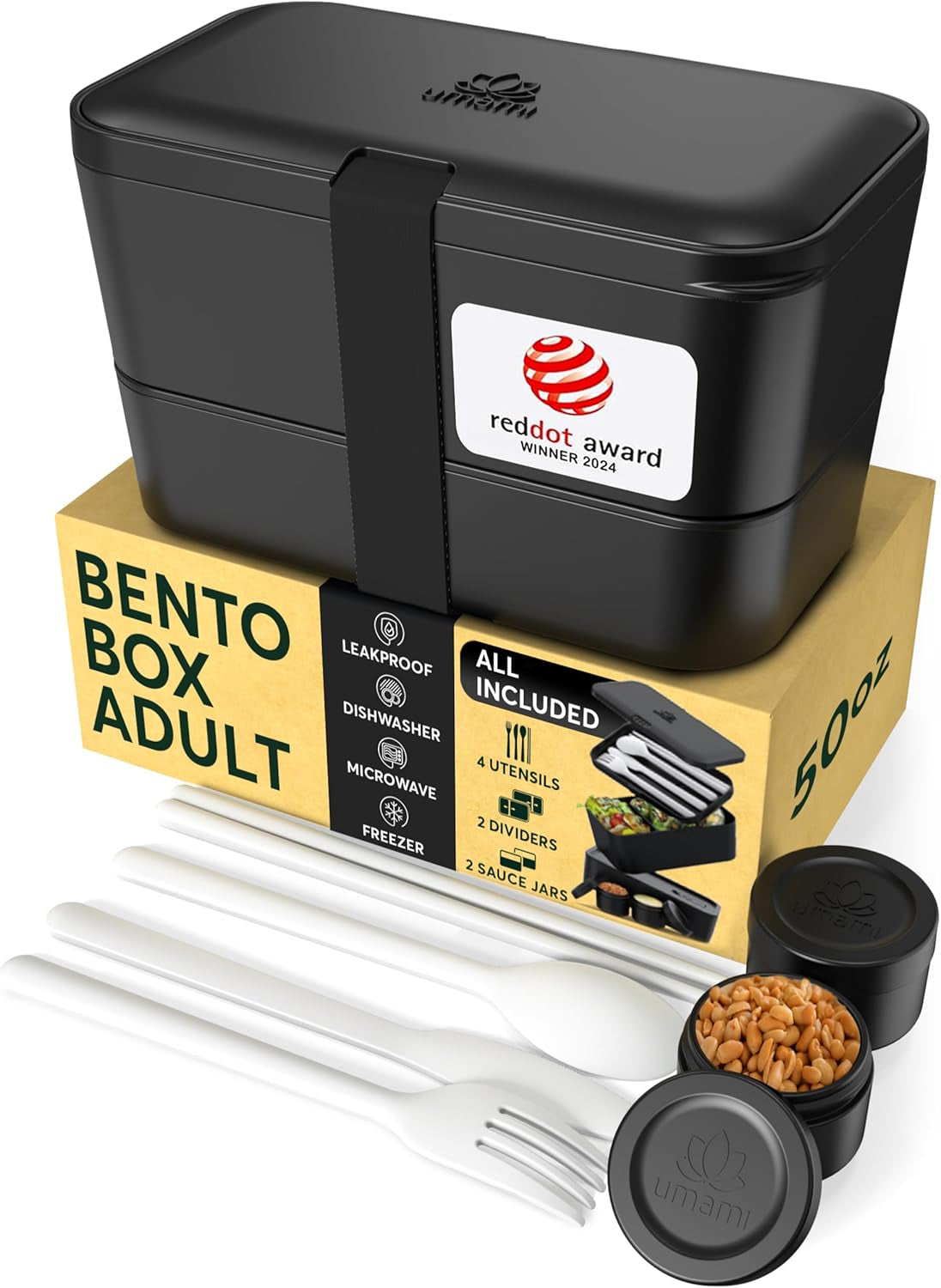 Obědový box Umami pro dospělé, 4 netěsnící stohovatelné Bento boxy na příbory a přihrádky, box na oběd pro dospělé, nádoba na saláty, piknikový / kancelářský box na oběd, šedá uhlí, 1500 ml Naty Shop Onix černé boxy na potraviny - 1500 ml v každém stohovatelném jiném 00 Ml