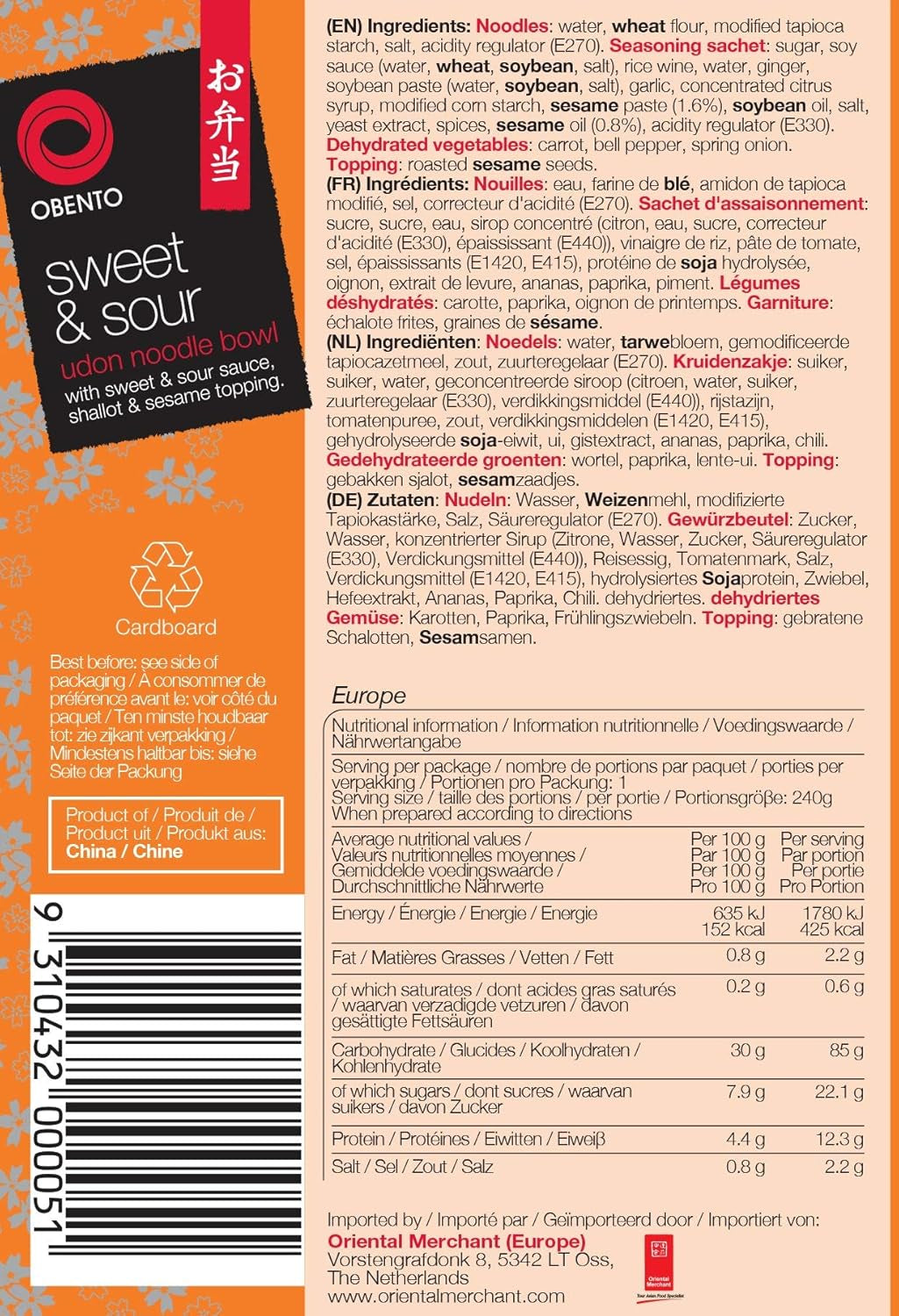 Sladkokyselá mísa Udon, jídlo připravené do mikrovlnné trouby, 240 g