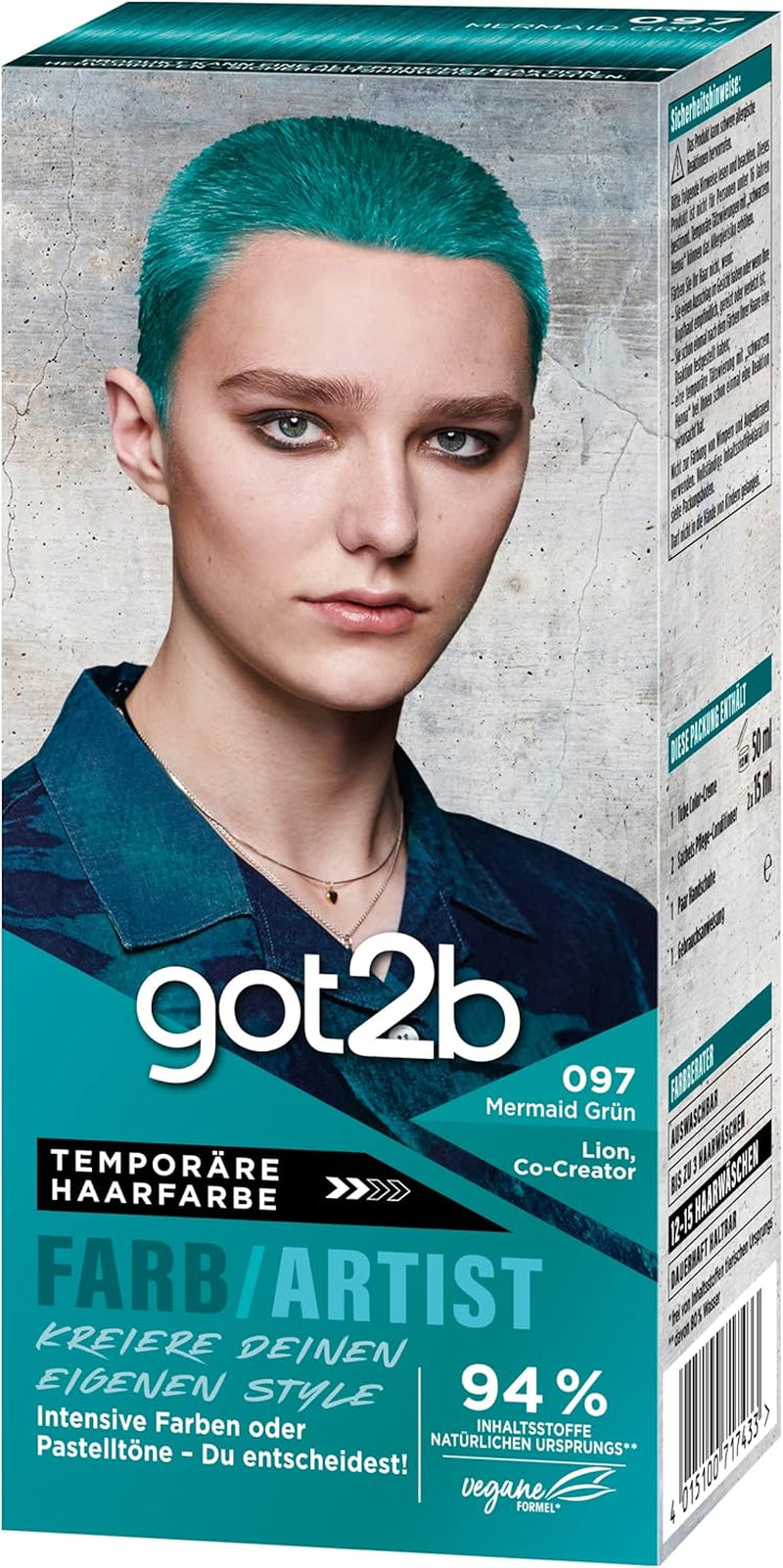 got2b Colour/Artist 097 Mermaid Green Level 2 (3x 80 ml), dočasná barva na vlasy rozzáří vlasy v intenzivních barvách nebo pastelových odstínech, barva na vlasy vydrží 12-15 umytí, veganské složení Barva na vlasy Naty Shop