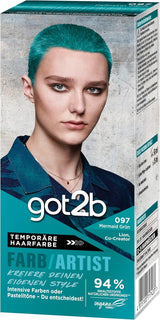 got2b Colour/Artist 097 Mermaid Green Level 2 (3x 80 ml), dočasná barva na vlasy rozzáří vlasy v intenzivních barvách nebo pastelových odstínech, barva na vlasy vydrží 12-15 umytí, veganské složení Barva na vlasy Naty Shop