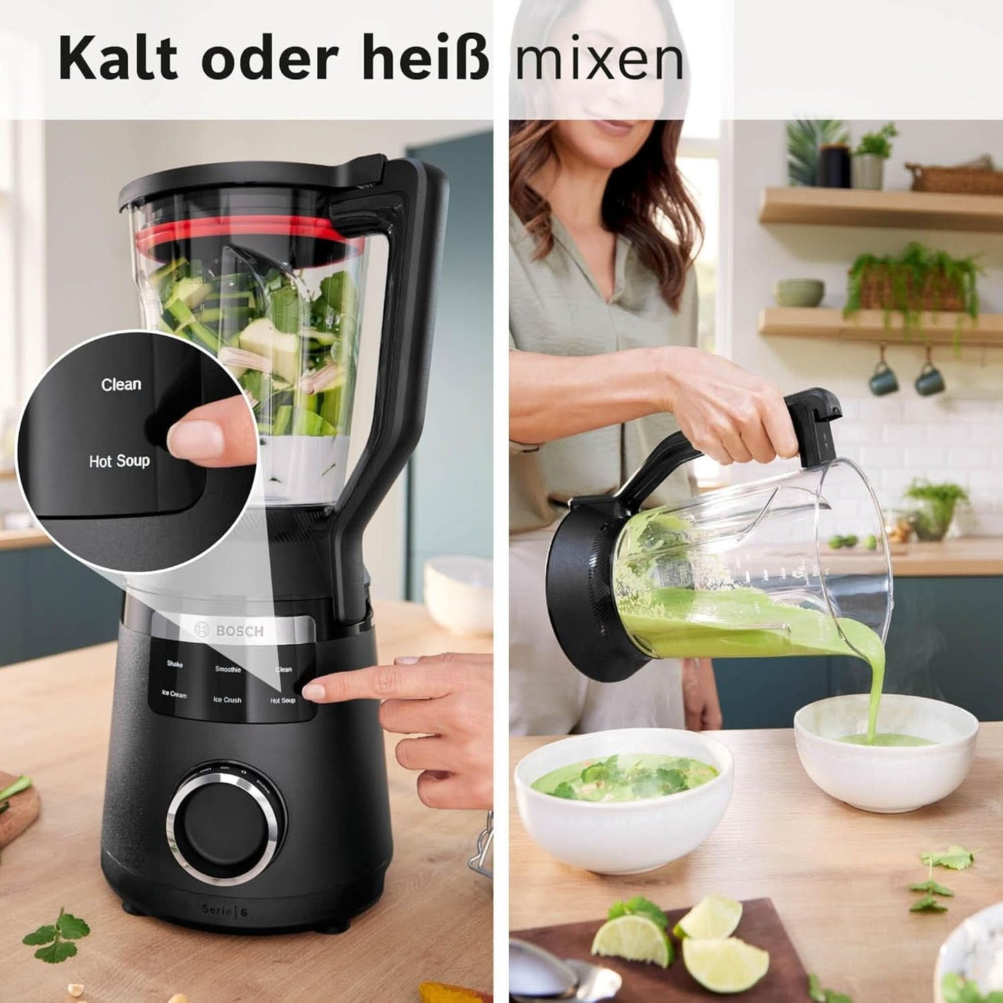 Vysokorychlostní stojanový mixér Vitapower Serie 6 MMBD665B1, 45 000 U/min, 6 programů Inkl Heiße Suppe & Reinigung, 2 L Mixbehälter, Stopfer, Spülmaschinenfeste Teile, Made in Europe, 1800 W, Schwarz Kitchen Naty Shop