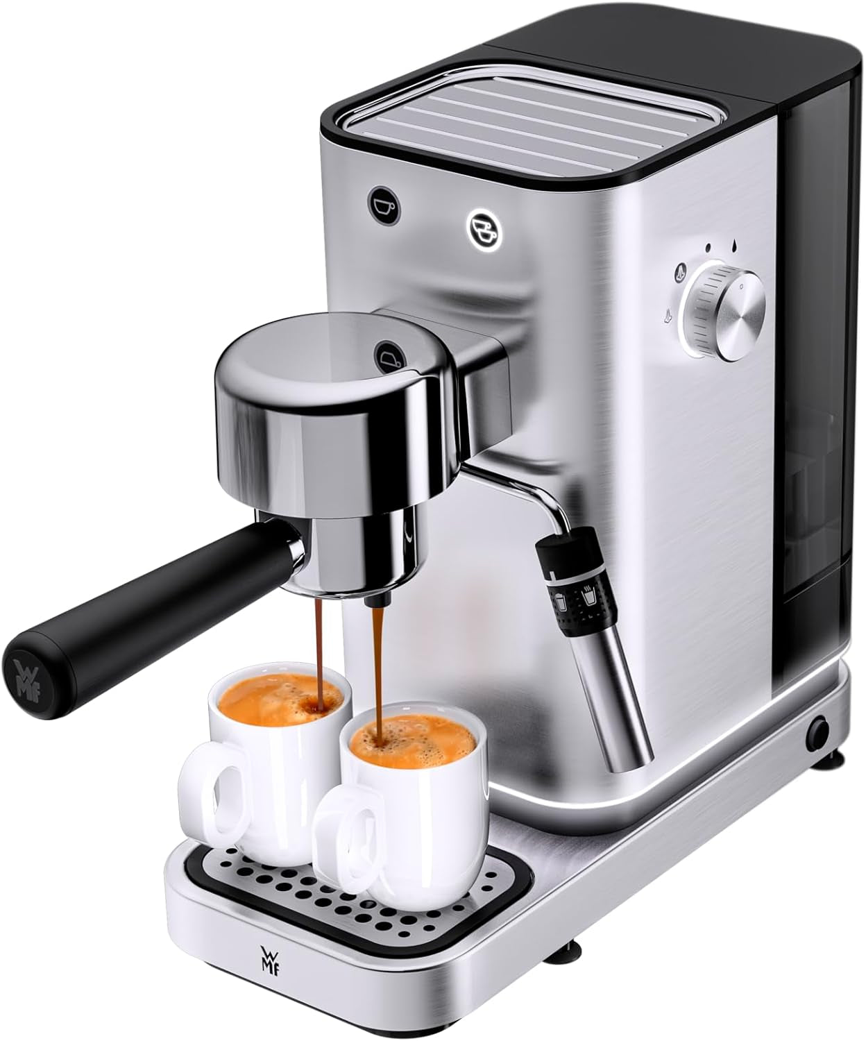 Kávovar WMF Lumero, portafiltr, 1400 wattů, portafilter, 3 vložky, pro 1-2 šálky na espresso, včetně kapslí, 15 bar, držák šálků, napěňovač mléka, matná nerezová ocel