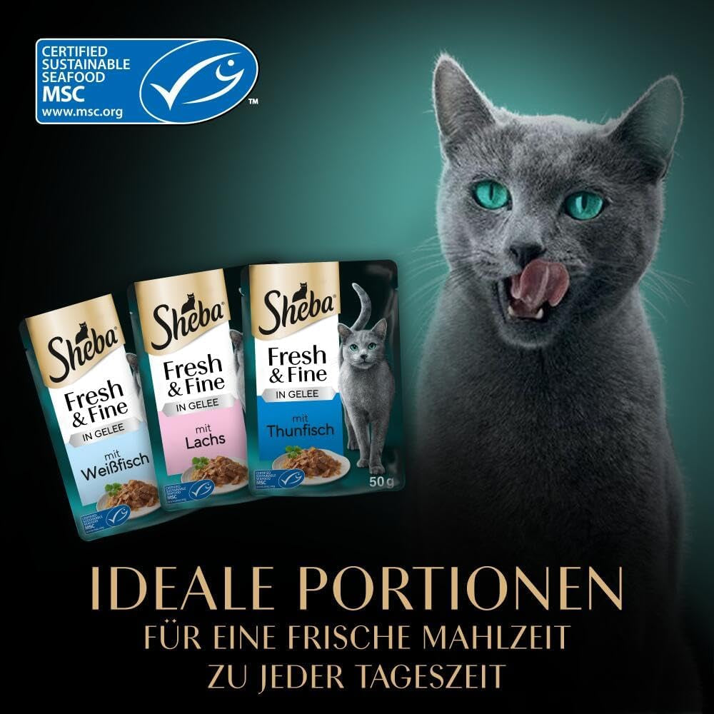 Sheba Portion Pouches Mokré krmivo pro kočky, Multipack Fresh & Fine v želé s MSC tuňákem a lososem, 6x6x50g - Zdravá jídla pro kočky s želé