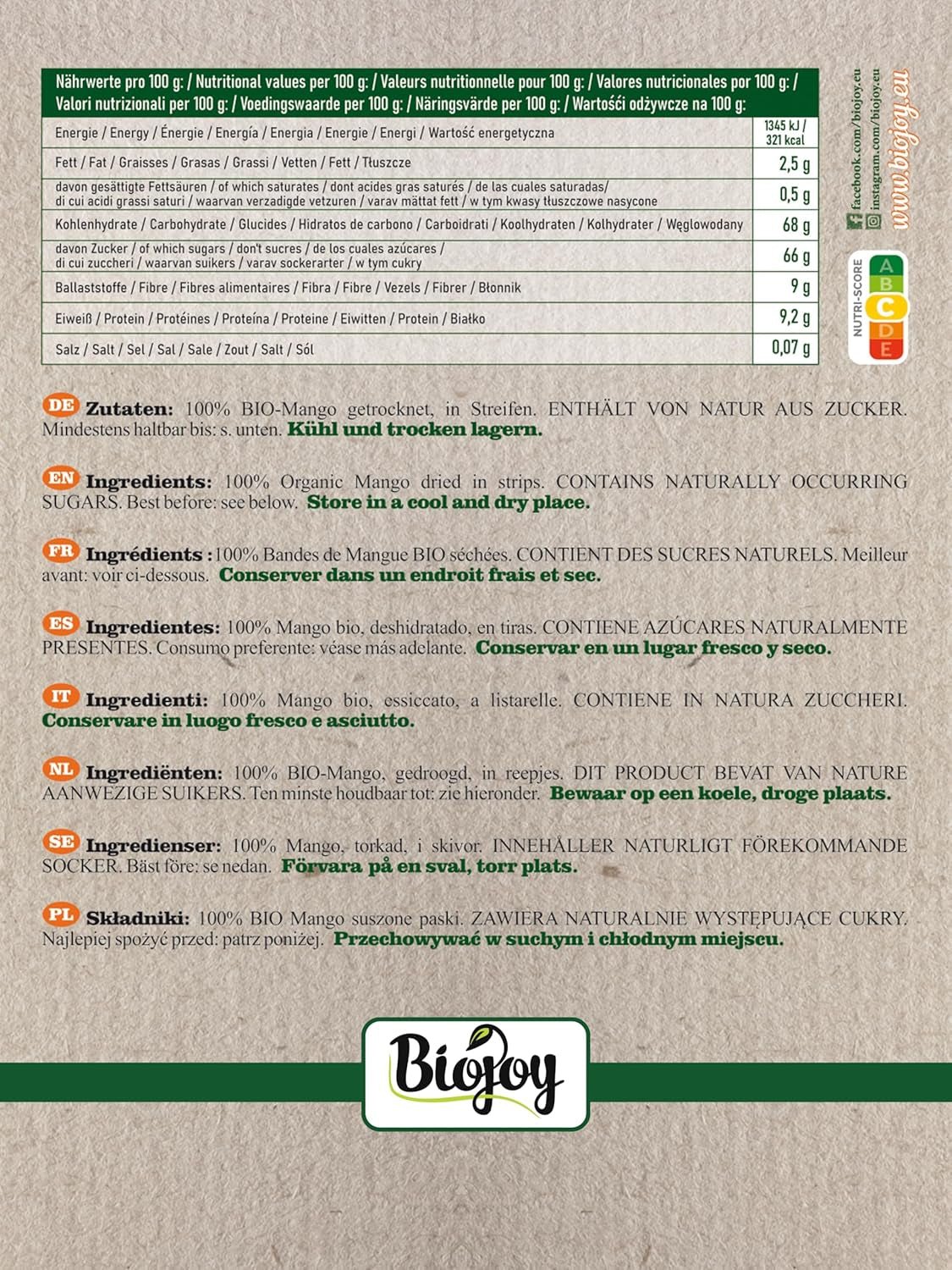Biojoy BIO sušené mango (1 kg), nesířené dehydratované produkty Naty Shop