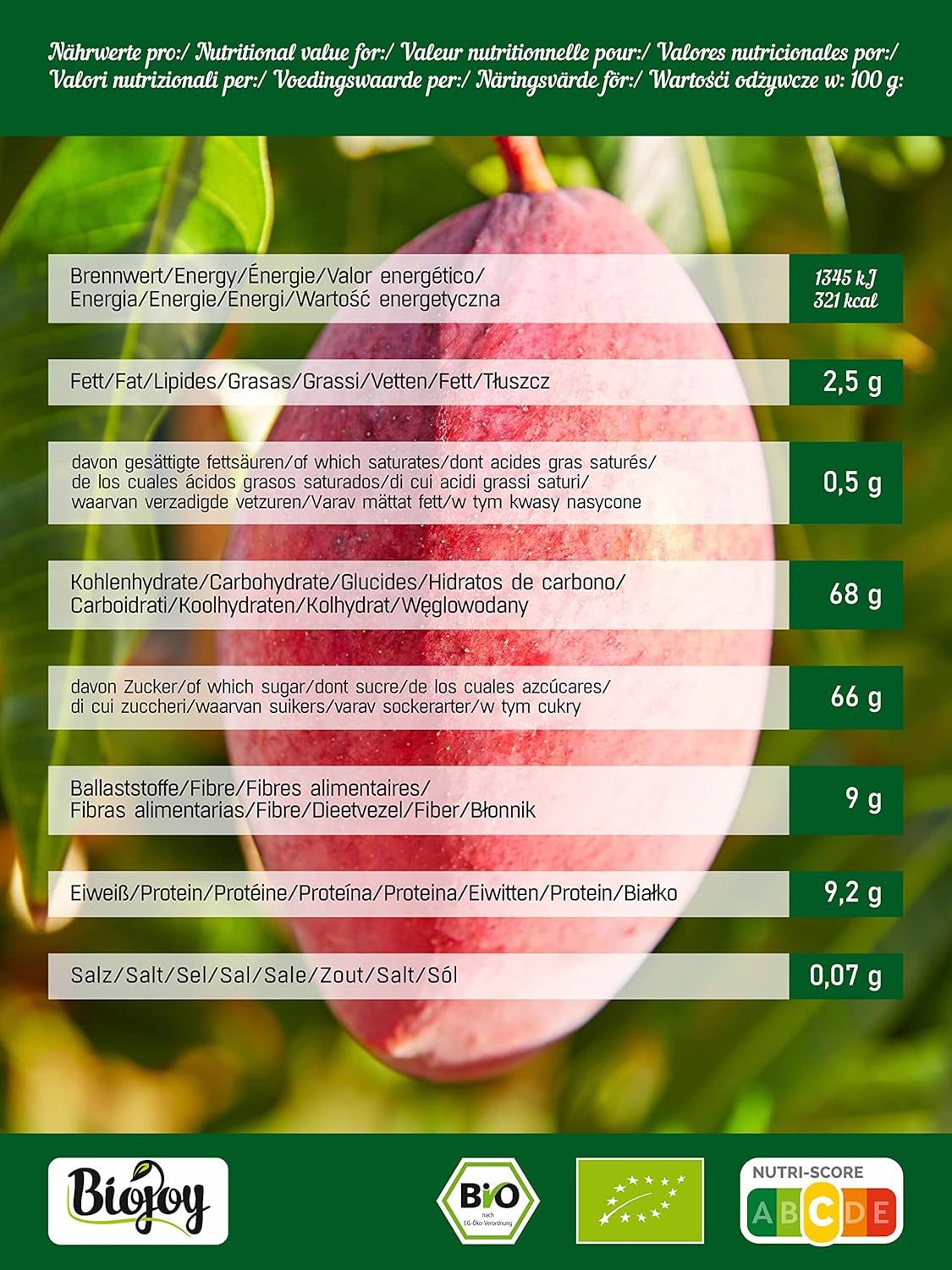 Biojoy BIO sušené mango (1 kg), nesířené dehydratované produkty Naty Shop