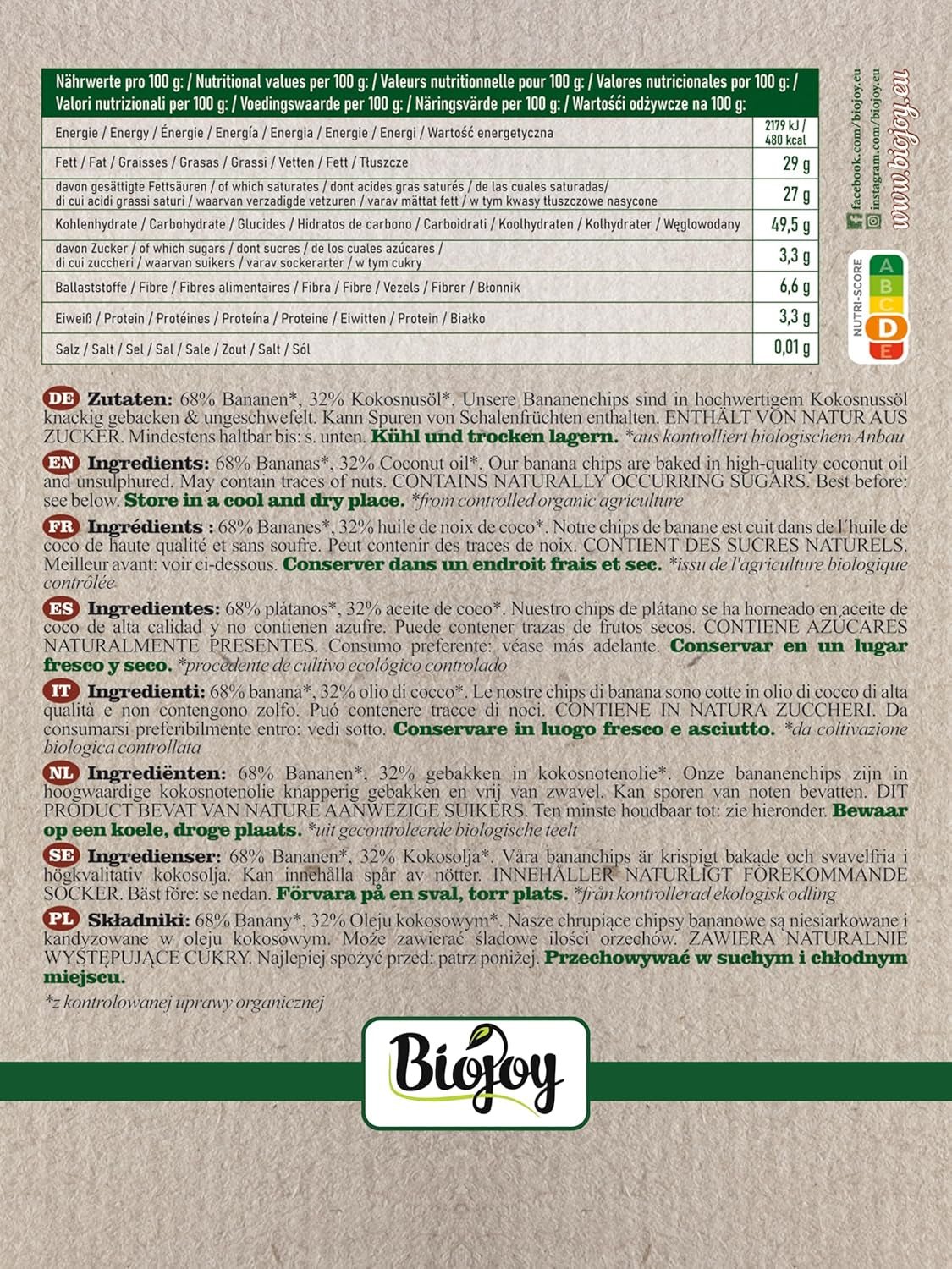 Biojoy bio banánové lupínky (500 g), sušené a nesířené Naty Shop dehydratované produkty