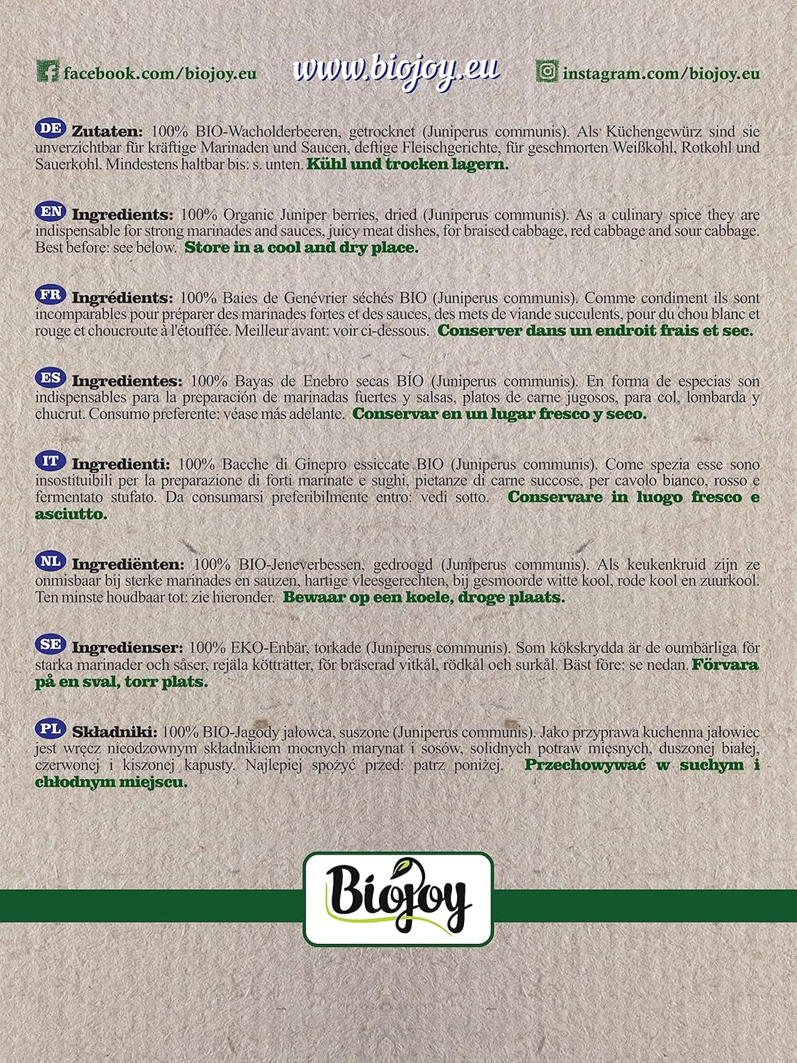 Biojoy plod jalovce bio (250 g), sušené a celé, bez přísad (Juniperus communis) Dehydrované produkty Naty Shop