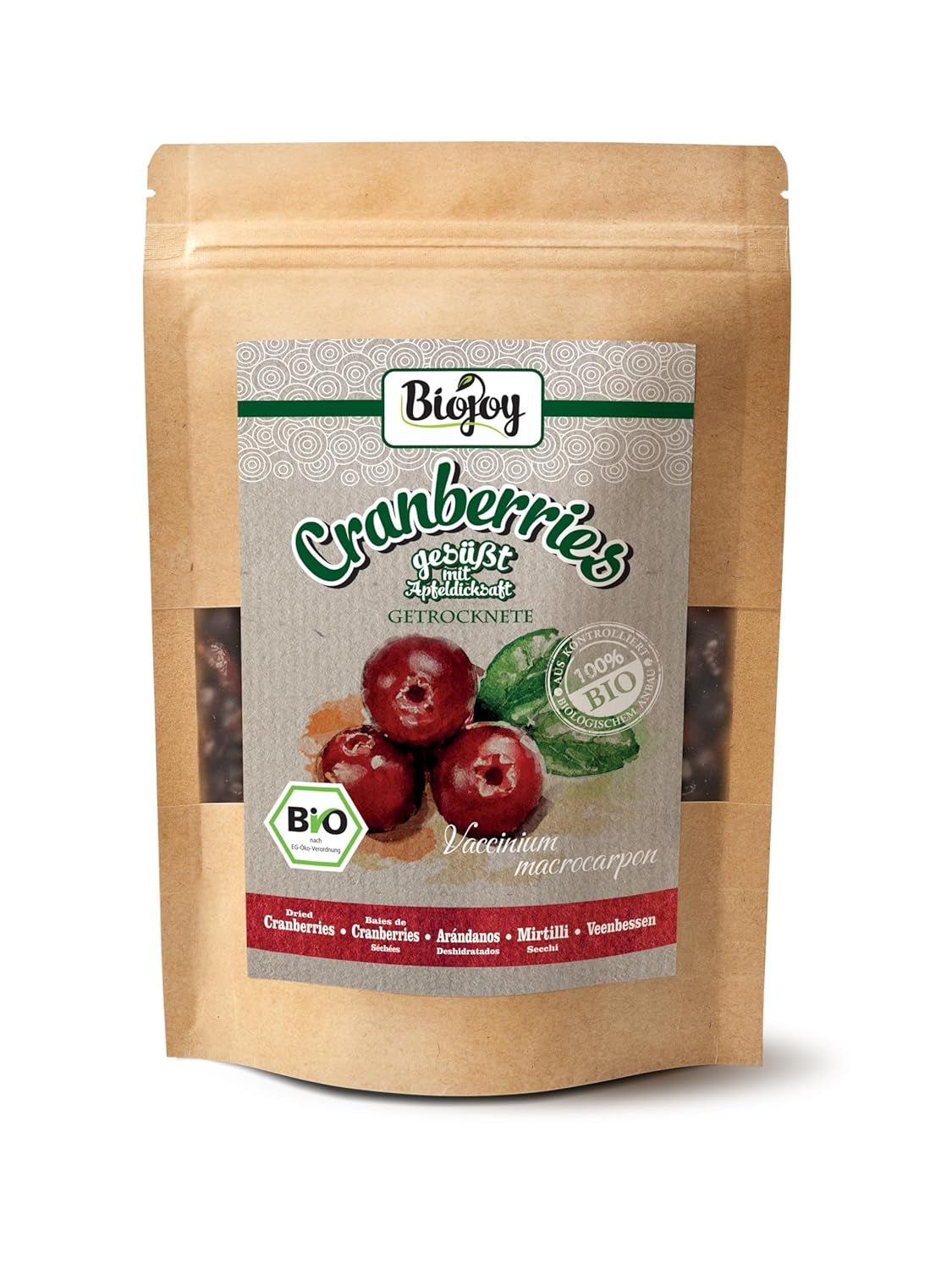 Biojoy bio sušené brusinky (1 kg), brusinky slazené jablečným sirupem Dehydrované produkty Naty Shop 250 G