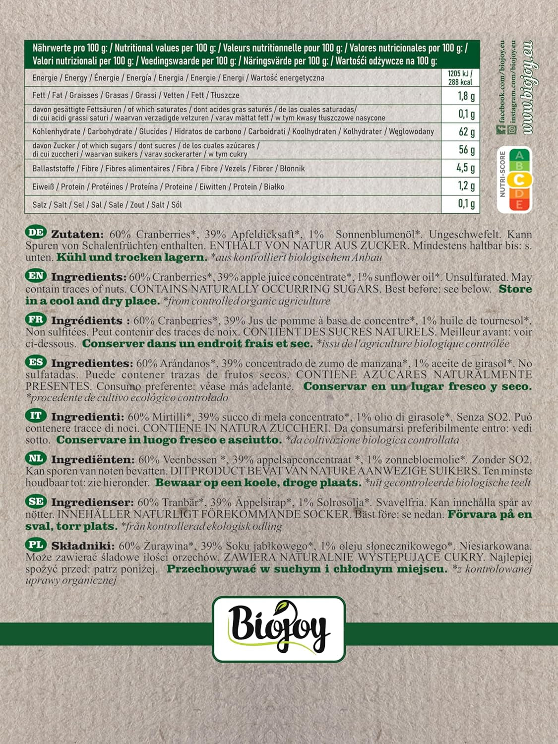 Biojoy bio sušené brusinky (1 kg), brusinky slazené jablečným sirupem Dehydrované produkty Naty Shop