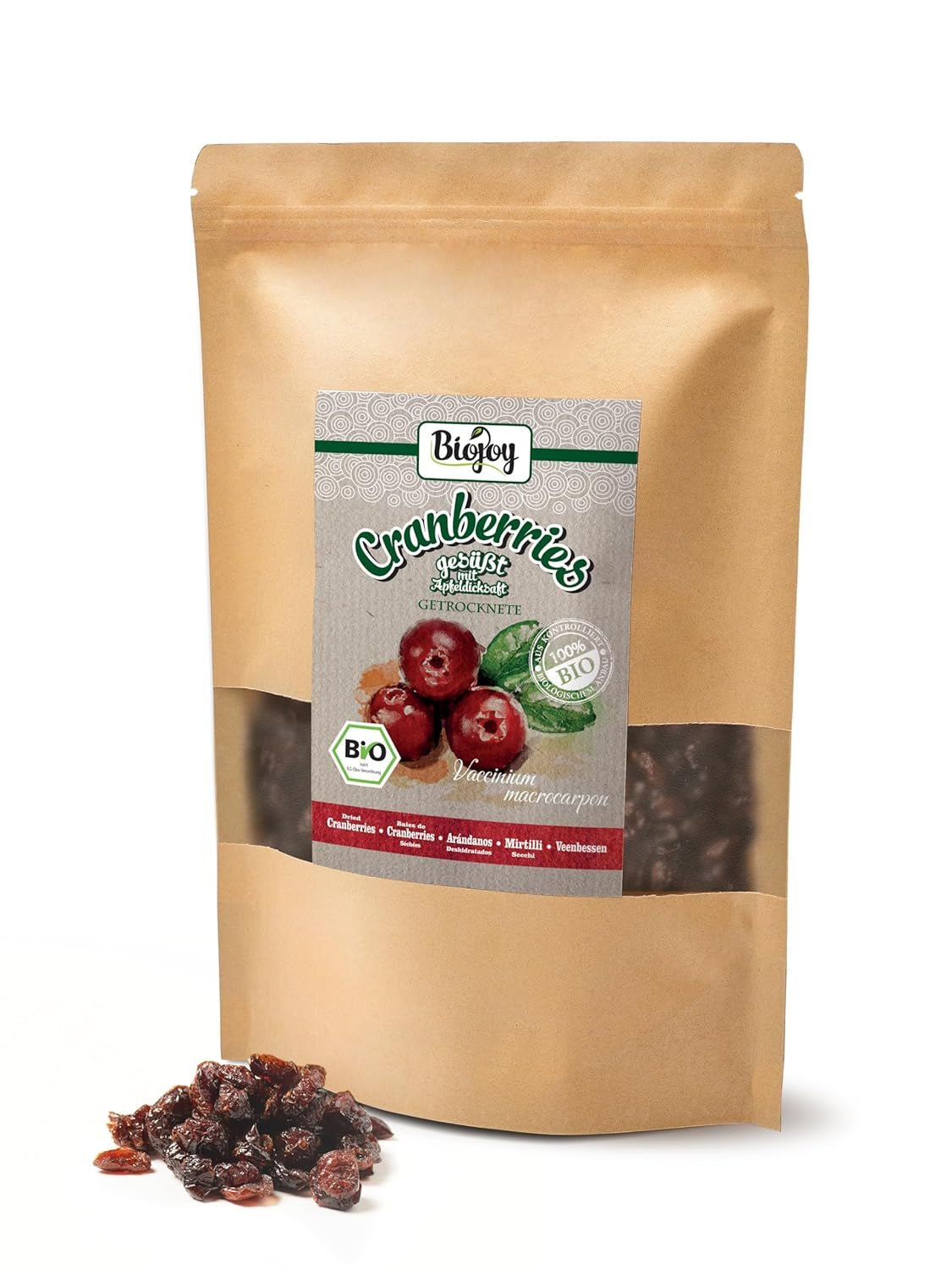 Biojoy bio sušené brusinky (1 kg), brusinky slazené jablečným sirupem Dehydrované produkty Naty Shop