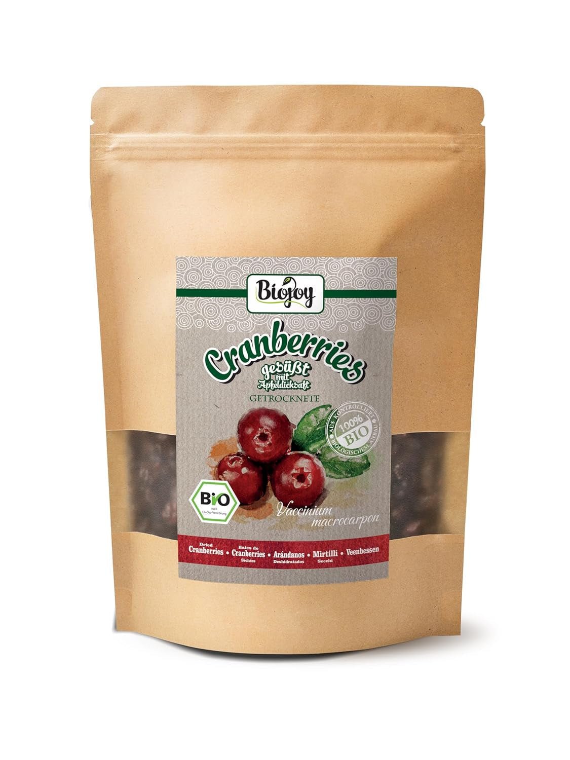 Biojoy bio sušené brusinky (1 kg), brusinky slazené jablečným sirupem Dehydrované produkty Naty Shop 500 G