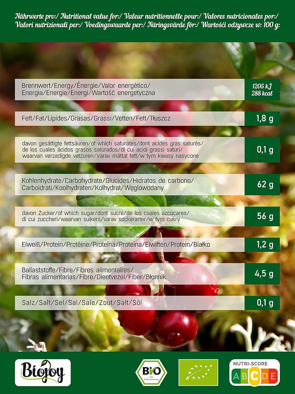 Biojoy bio sušené brusinky (1 kg), brusinky slazené jablečným sirupem Dehydrované produkty Naty Shop