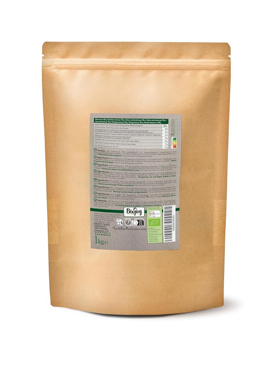 Biojoy bio sušené brusinky (1 kg), brusinky slazené jablečným sirupem Dehydrované produkty Naty Shop