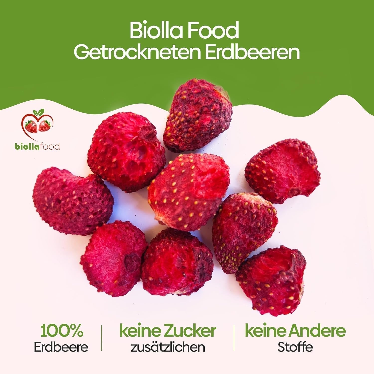 biolla food celé sušené jahody, 0,5 kg, 100% přírodní. Zdravé svačiny pro děti. Ideální do smoothies, ovesných müsli, čajů a kaší. Dlouhá skladovatelnost. VEGANSKÉ, BEZLEPKOVÉ, RAW FOOD Dehydratované produkty Naty Shop