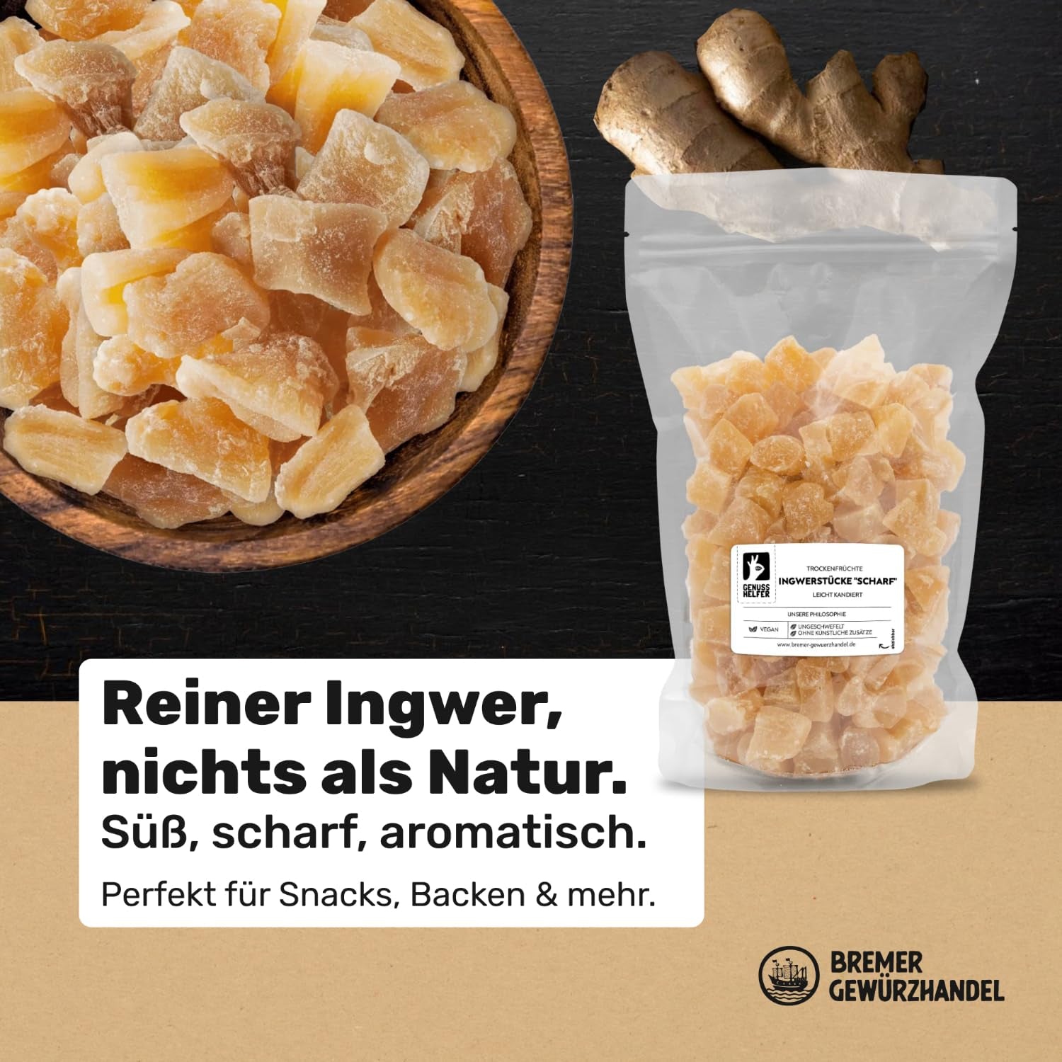 Bremer Gewürzhandel zázvor, kousky sušeného ovoce kořeněné, aromatické, kořeněné, nesířené, 1kg Dehydrované produkty Naty Shop