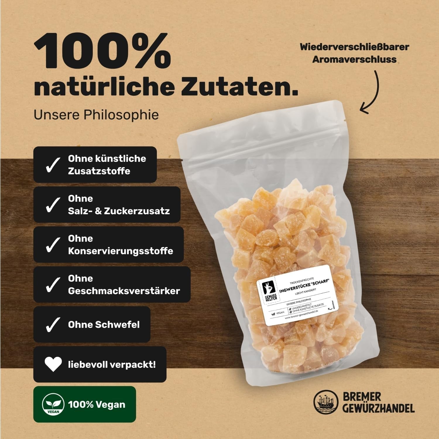 Bremer Gewürzhandel zázvor, kousky sušeného ovoce kořeněné, aromatické, kořeněné, nesířené, 1kg Dehydrované produkty Naty Shop