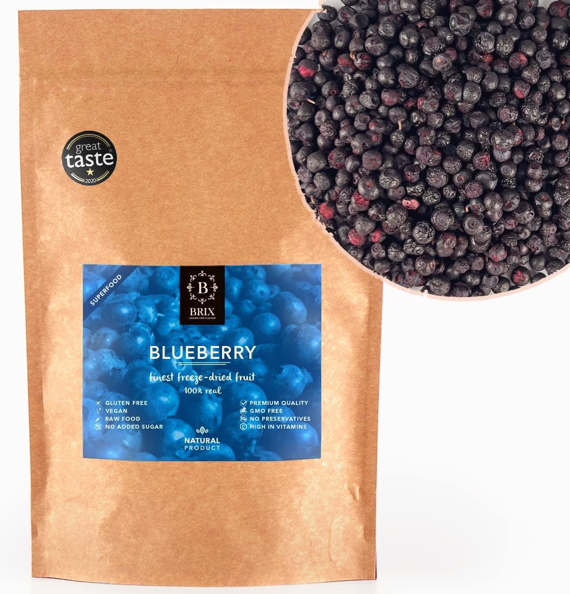 BRIX Lyofilizované borůvky | Přírodní borůvky sušené 95 g | Cena Great Taste Award za sušené brusinky | Bez GMO, Bezlepkové, Veganské, Zadržené vitamíny Naty Shop Dehydratované produkty Výchozí název