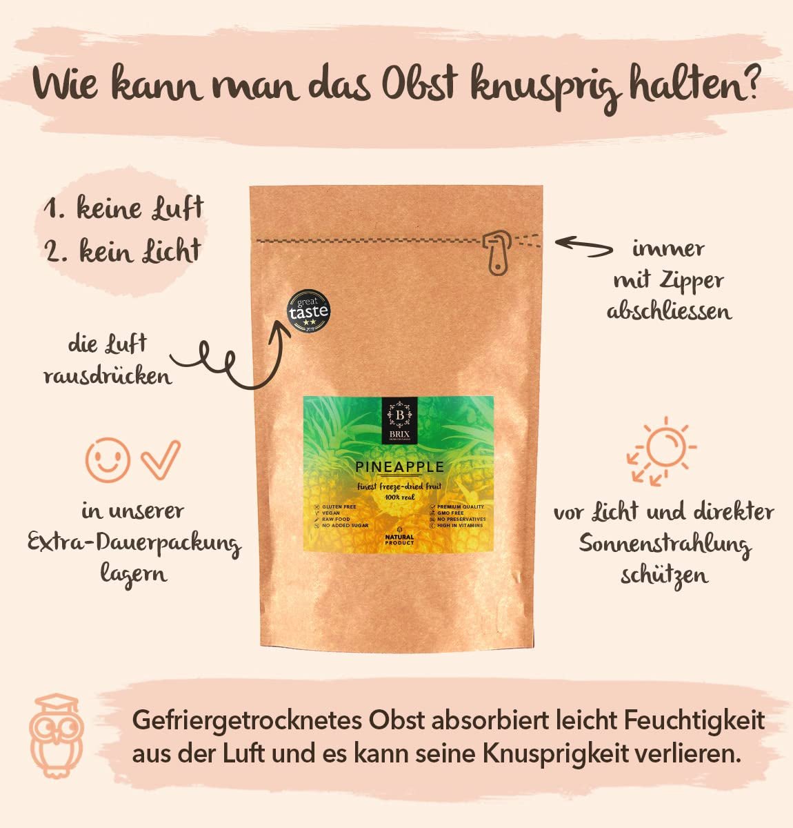 BRIX Lyofilizovaný ananas | Přírodní, sušený ananas 95 g | Great Taste Award sušené ovoce, lyofilizovaný ananas | Bez GMO, Bezlepkové, Veganské, Zadržené vitamíny Naty Shop Dehydratované produkty