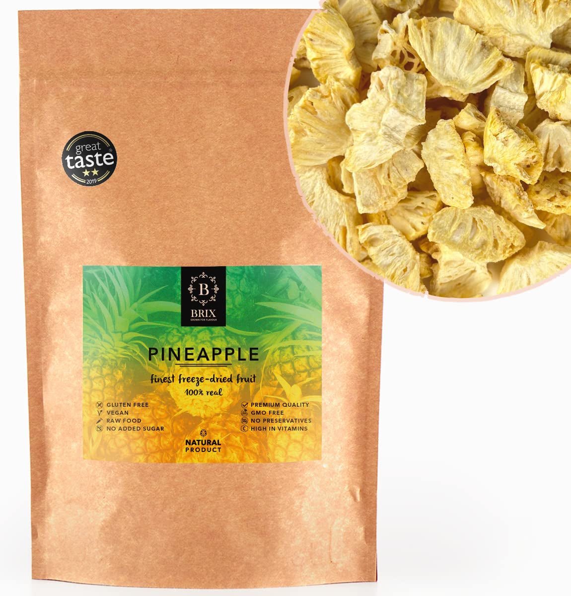 BRIX Lyofilizovaný ananas | Přírodní, sušený ananas 95 g | Great Taste Award sušené ovoce, lyofilizovaný ananas | Bez GMO, Bezlepkové, Veganské, Zadržené vitamíny Naty Shop Dehydratované produkty Výchozí název