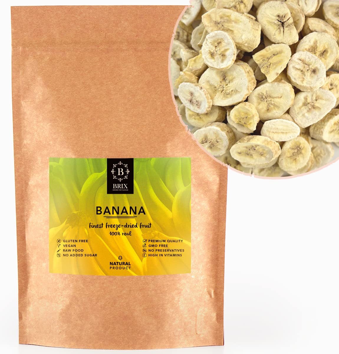BRIX mrazem sušené banány | Přírodní banány sušené 140 g | Great Taste Award za sušené ovoce, sušené | Bez GMO, Bezlepkové, Veganské, Konzervované vitamíny Naty Shop Dehydratované produkty Výchozí název